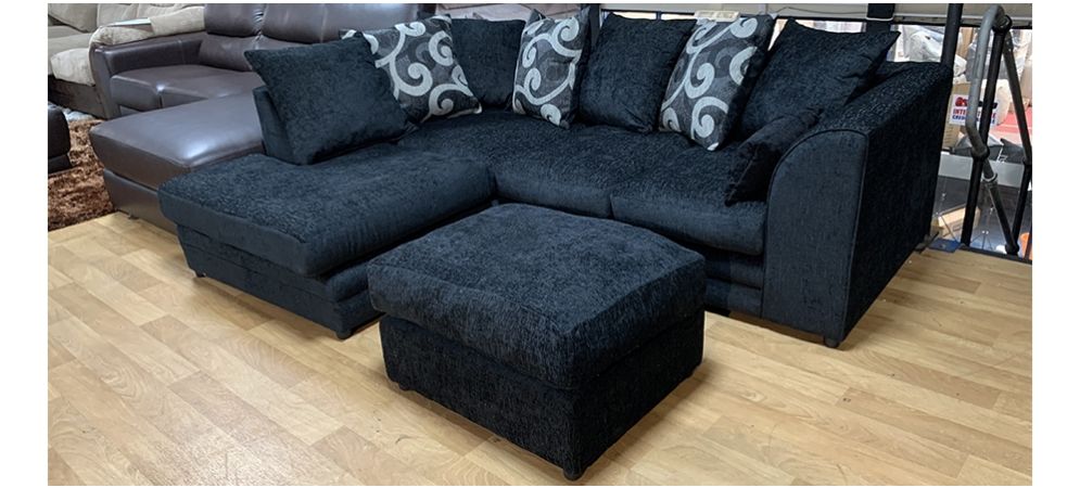 Zina Fabric LHF Black Scatter Back Corner Sofa With Footstool Leather Sofa World