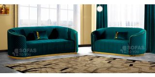 Fendi 3+2 Peacock Soft Velvet Sofa Set With Chrome-Gold Seams And Base Detailing
