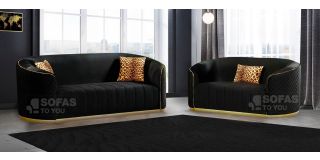 Fendi 3+2 Black Soft Velvet Sofa Set With Chrome-Gold Seams And Base Detailing