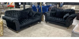 Lorraine Glamour Black Fabric 3 + 2 Sofa Set Studded Round Arms With Plush Velvet And Wooden Legs