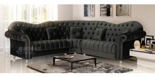 Lorraine Glamour 2C2 Dark Grey Plush Velvet Corner Sofa With Round Studded Arms And Wooden Legs