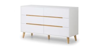 Alicia 6 Drawer Wide Chest - Matt White Lacquer with Oak Effect Detailing - Lacquered MDF