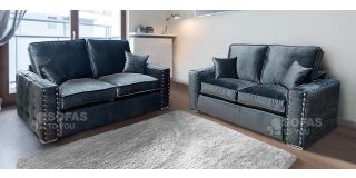 Crystal 3+2 Midnight Grey Luxurious Plush Velvet Fabric Sofa Set With Subtle Button Detailing And Chrome Legs