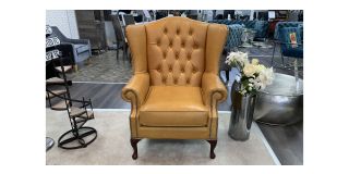 Wing Mustard Handmade Aniline Leather Armchair With Studded Scroll Arms And Wooden Legs - 4 Week Bespoke Build - Call For Colour Options