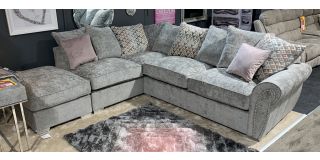 Flair Grey LHF Fabric Corner Sofa With Chaise - Round Studded Arm Details With Scatter Back And Chrome Legs