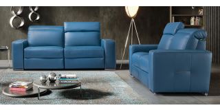 Decor Blue Semi-Aniline Leather 3 + 2 Electric Recliners With Adjustable Headrests And Chrome Legs Newtrend Available In A Range Of Leathers And Colours 10 Yr Frame 10 Yr Pocket Sprung 5 Yr Foam Warranty