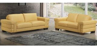 Megane Yellow Leather 3 + 2 Sofa Set With Wooden Legs Newtrend Available In A Range Of Leathers And Colours 10 Yr Frame 10 Yr Pocket Sprung 5 Yr Foam Warranty