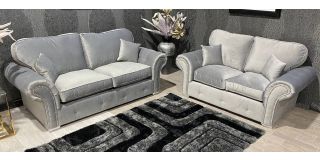 Midas 3+2 Silver Plush Velvet Fabric Sofa Set With Subtle Button Detailing And Chrome Legs