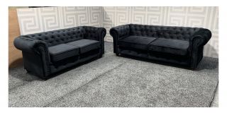 Chesterfield Infinity 3 + 2 Seater Black Plush Velvet Sofa Set With Wooden Legs
