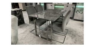 Grey Glass 1.2m Dining Table With Chrome Legs And 4 Grey Fabric Chairs (w:43 D:50 H:95cm)