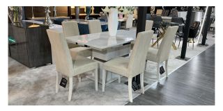 Status Marble Effect And Chrome 1.6m Dining Table With 6 Faux Cream Chairs (w:46 D:55 H:100cm)