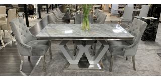 Majestic Marble And Chrome 1.6m Dining Table With 6 Grey Studded Fabric Chrome Leg Chairs (w:58 D:63 H:100cm)