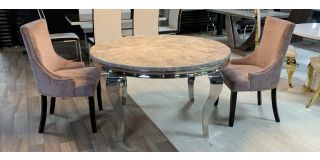 Round 1.3m Marble And Chrome Dining Table With 4 Studded Fabric Lilac Chrome Leg Chairs (w:57 D:57 H:100cm)