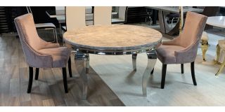 Round 1.3m Marble And Chrome Dining Table With 4 Studded Fabric Lilac Chrome Leg Chairs (w:57 D:57 H:100cm)