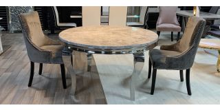 Round 1.3m Marble And Chrome Dining Table With 4 Studded Fabric Grey Chrome Leg Chairs (w:57 D:57 H:100cm)
