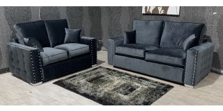 Grey 3 + 2 Studded Square Arm Plush Velvet Sofa With Chrome Legs