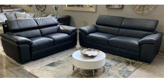 Moran Black Leather 3 + 2 Sofa Set With Adjustable Headrests And Contrast Stitching