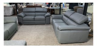 Moran Grey Corrected Grain Leather 3 + 2 Sofa Set With Adjustable Headrests