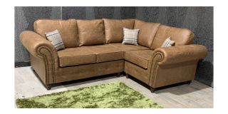Oakland Tan Studded Round Arm RHF Fabric Corner Sofa With Wooden Legs Ex-Display Showroom Model 48725