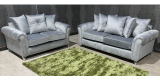 Chloe Silver Plush Velvet Studded Round Arm 3 + 2 Sofa Set With Scatter Back And Chrome Legs