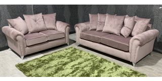 Chloe Lilac Plush Velvet Studded Round Arm 3 + 2 Sofa Set With Scatter Back And Chrome Legs
