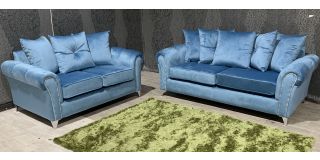 Chloe Sky Blue Plush Velvet Studded Round Arm 3 + 2 Sofa Set With Scatter Back And Chrome Legs