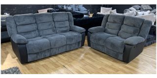 Roma Grey Jumbo Cord Fabric 3 + 2 Manual Recliner Sofa Set Ex-Display Showroom Model 48825