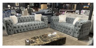 Paris Light Grey 3 + 2 Buttoned Fabric Sofa Set With Scatter Cushions And Chrome Base