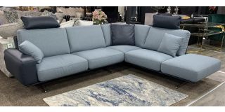 New Trend Fabric And Semi-Aniline Leather Blue RHF Fabric Corner Sofa With Chrome Legs