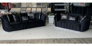 Luxe Black Fabric 3 + 2 Sofa Set With Scatter Back And Chrome Detail Arms And Base