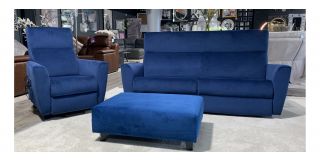 Madox Blue Plush Velvet Static 3 Seater + Lift And Raise Electric Armchair + Footstool - Few Marks (see images) Ex-Display Showroom Model 49582