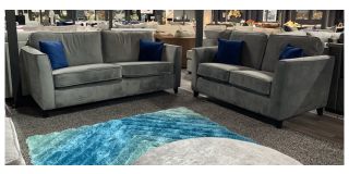 Madeira Dark Grey 3 + 2 Sofa Set Plush Velvet With Wooden Legs And Blue Scatter Cushions Ex-Display Showroom Model 49586