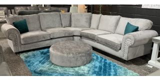 Emrold Grey 2C2 Fabric Corner Sofa With Round Studded Arms And Wooden Legs + Round Footstool(w95cm d95 h30) Ex-Display Showroom Model 49587