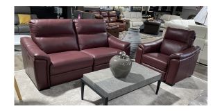 Livorno Wine Full Leather 3 + 1 Sofa Set Electric Recliners With Wooden Legs - Few Marks And Scuffs (see images) Ex-Display Showroom Model 49595