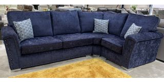 Hampton Blue RHF Fabric Corner Sofa With Chrome Legs Studded Arms And Scatter Cushions