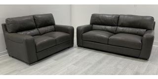 Lucca Grey Leather 3 + 2 Sofa Set Sisi Italia Semi-Aniline With Wooden Legs - Colour Faded And Repaired On Top Seat Of 3 Seater (see images) High Street Furniture Store Cancellation 49670