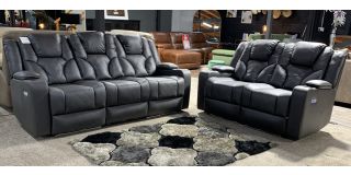 Lorenzo Grey Fabric 32 Electric Recliners With Adjustable Electric Headrests - Drinks Holders - USB - Plug Socket - Reading Lights And Blue Floor Light