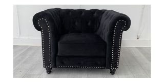 Chesterfield Black Plush Velvet Armchair With Studded Arms And Wooden Legs Ex-Display Showroom Model 50473