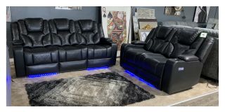 Lorenzo Black 3 + 2 electric leathaire recliners with Usb ports - Plug charger - Drinks holders - Reading lights - Electric headrests - Under foot lighting