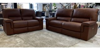 Legacy 3 Seater Electric + 2 Seater Static New Trend Brown Semi Aniline Sofa Set With Contrast Stitching And Black Piping