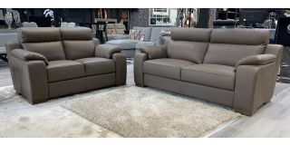 Ethos 3 + 2 New Trend Taupe Brown Semi Aniline Sofa Set With Wooden Legs And Contrast Stitching