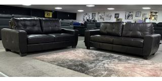 Dark Brown Bonded Leather 3 + 3 Sofa Set With Wooden Legs - Scuffs And Marks (see images) Ex-Display Showroom Model 50645