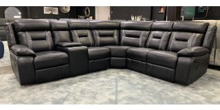Vona Black Electric Wax Finish Fabric Corner Sofa With Usb And Drinks Holders Ex-Display Showroom Model 50677