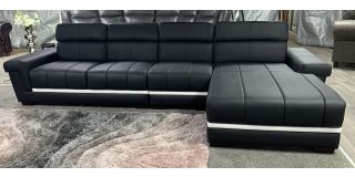 Kadie Rhf Black With White Trim Bonded Leather Corner Sofa With Wooden Legs And Adjustable Headrests