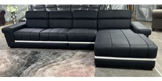 Kadie Rhf Black With White Trim Bonded Leather Corner Sofa With Wooden Legs And Adjustable Headrests