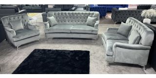 Hoxton 3 + 2 + 1 Grey Soft Velvet Sofa Set Studded With Chrome Legs