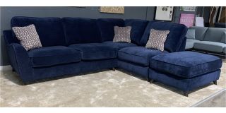 Navy Blue Fabric Rhf Corner Sofa With Large Footstool And Wooden Legs