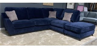 Navy Blue Fabric Rhf Corner Sofa With Large Footstool And Wooden Legs