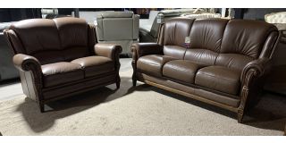 Mini Divani 3 + 2 Brown Round Arm Leather Sofa Set With Wooden Frame