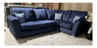 Keaton Rhf Blue Fabric Corner Sofa With Studded Arms And Chrome Legs Ex-Display Clearance Model 50902